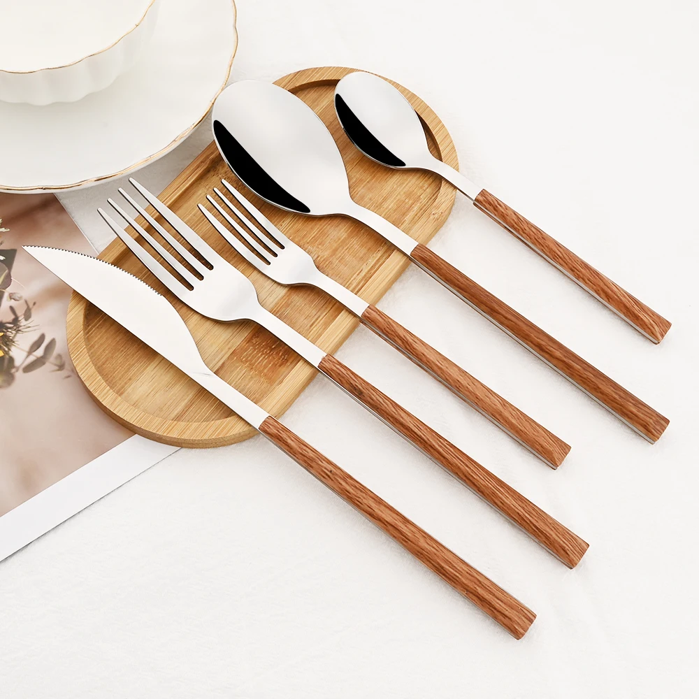 Bamboo Cutlery - 16/24/30Pcs Edelstahl Nachahmung Holzgriff Besteck Set
