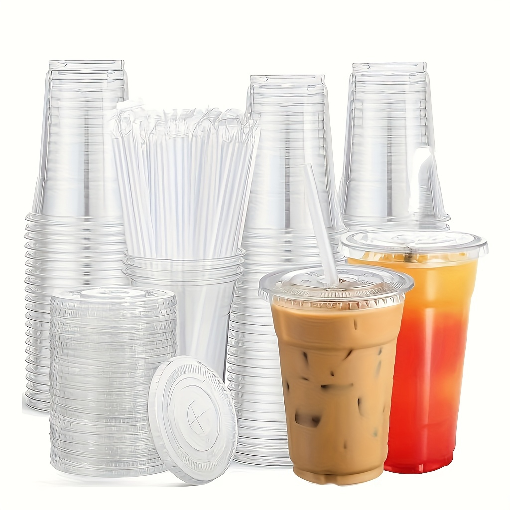 Reusable Straw - Transparenter Plastikbecher mit flachem Deckel und